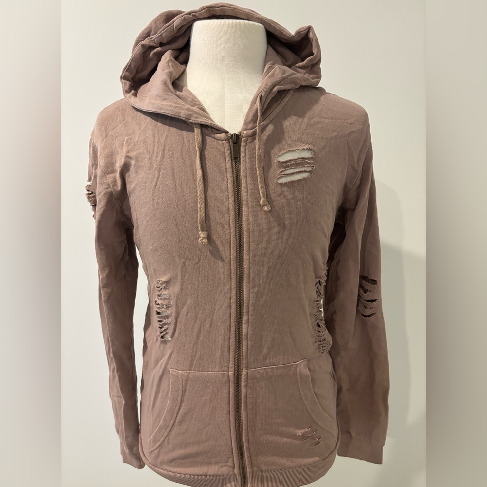 Zara Salmon Distressed Ripped Zip Up Hoodie